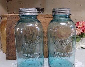 2 Vintage SLIGHTLY IMPERFECT Aqua Blue Half Gallon Ball Perfect Mason Jars with Zinc Lids 327