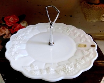 Vintage IMPERFECT white or milk glass Westmoreland Paneled Grape pattern center handle tray dainty serving piece tea party wedding