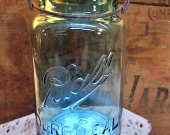 Antique Ball Sure Seal 2 Wide Mouth IMPERFECT Quart Sized Ball Blue Jar with Wire Bail and Aqua Blue Glass Lid