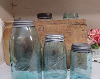 3 Antique IMPERFECT Aqua Blue Shoulder Seal Ball Mason Jars Half Gallon Quart and Pint Sized with Rustic Zinc Lids Please Read Description