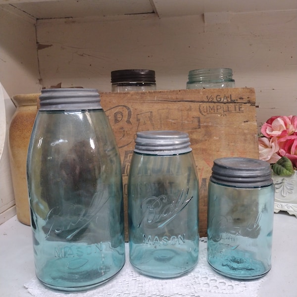 3 Antique IMPERFECT Aqua Blue Shoulder Seal Ball Mason Jars Half Gallon Quart and Pint Sized with Rustic Zinc Lids Please Read Description