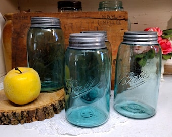 Four Antique IMPERFECT Aqua Blue 3L Ball and Ball Mason Jars with Rustic Standard Mouth Zinc Lids Scratches in the Glass