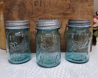 3 Vintage IMPERFECT Aqua Blue Ball Perfect Mason Pint Sized Jars with Rustic Ball Brand Regular or Standard Zinc Lids Small CHIPS to Lip