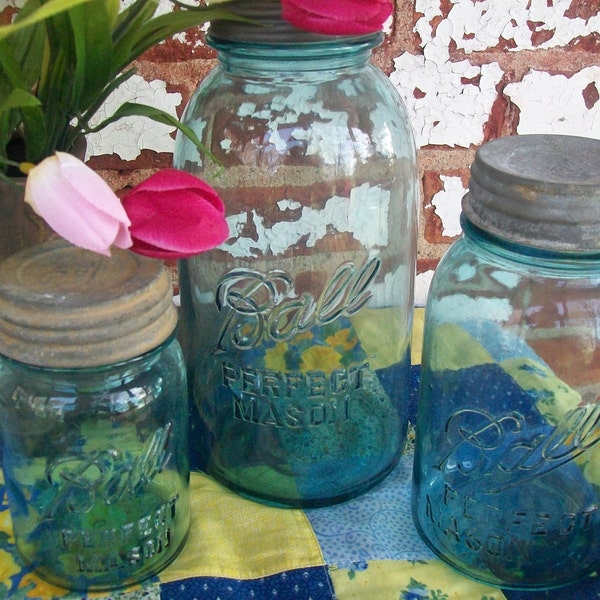 3 Vintage Ball Perfect Mason Jars Aqua Blue Half Gallon Quart and Pint Sized with Zinc Lids Pint Jar Has a Small Chip B1269