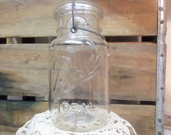3 Vintage SLIGHTLY IMPERFECT Ball Ideal Clear Quart Sized Jars with Glass Lids and Wire Bails B324
