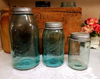 3 Antique IMPERFECT Aqua 3L Ball Mason Shoulder Seal Jars Half Gallon Quart and Pint Sized with Rustic STANDARD Mouth Zinc Lids