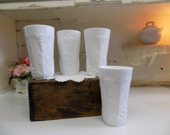 4 Vintage White or Milk Glass Coolers Tumblers Colony Harvest Pattern  B980