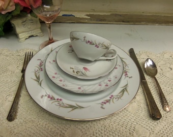 4 Piece Vintage Mismatched China Set  with Bonus Goblet and Flatware Wedding China B1129C