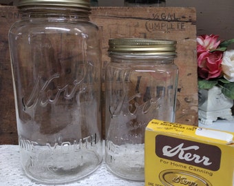 One Vintage Half Gallon Sized One Vintage Quart Sized Kerr Self Sealing Wide Mouth Mason Jars Rustic Metal Lids PLEASE READ DESCRIPTION