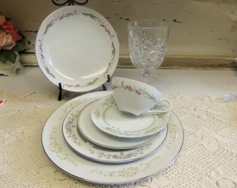 6 Piece Vintage Mismatched China Set  with Bonus Goblet Wedding China B1094C