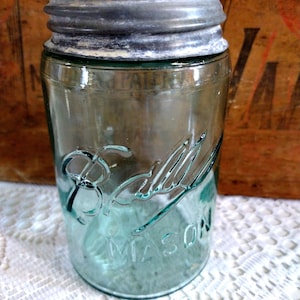 One Antique Aqua Blue 3 L Ball Mason Pint Sized Jar with Rustic Zinc Lid CHIP to LIP Imperfect Jar Please Read Description image 1