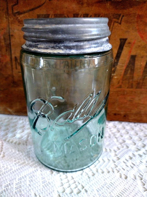 One Antique Aqua Blue 3 L Ball Mason Pint Sized Jar with Rustic Zinc Lid CHIP to LIP Imperfect Jar Please Read Description