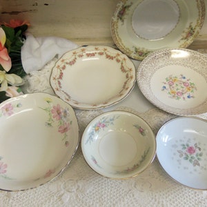 6 Piece Vintage China Shallow Bowl Set Mismatched Wedding China Pinks and Golds B1052 image 2