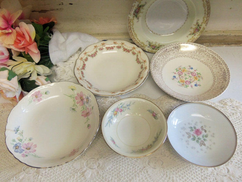 6 Piece Vintage China Shallow Bowl Set Mismatched Wedding China Pinks and Golds B1052 image 2