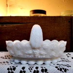 One Vintage IMPERFECT Westmoreland Paneled Grape Milk Glass Small Basket Some Discoloration some rough edges