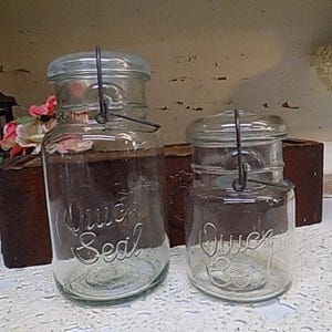 2 Vintage Clear SLIGHTLY IMPERFECT Quick Seal Jars Quart and Pint Sized with Wire Bails and Glass Lids   450