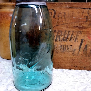 1 Antique IMPERFECT Blue Ball Mason Jar Half Gallon Sized Aqua Jar with Rustic Tall B Zinc Lid 23