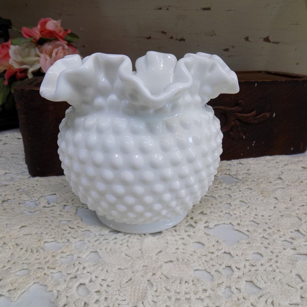 Vintage White or Milk Glass Hobnail  Candy Dish or Bowl with Ruffled Edges Vintage Wedding Decor SMALL CHIP B300