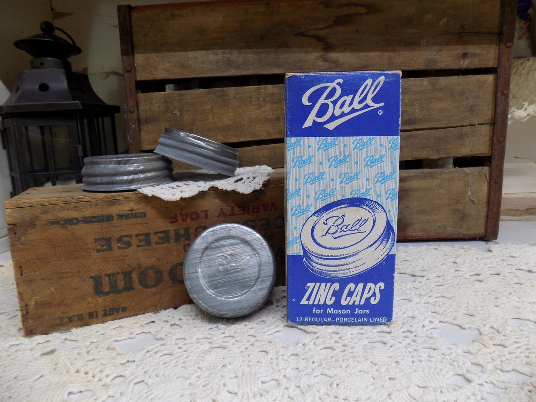 12 Vintage Zinc Canning Jar Lids Standard Mouth Size Ball Brand With White Porcelain Liners Box