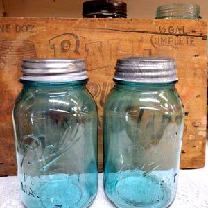 Two Vintage IMPERFECT Aqua Blue Ball Perfect Mason Quart Sized Jars with Rustic Zinc Lids SCRATCH And DENT Jars and Lids