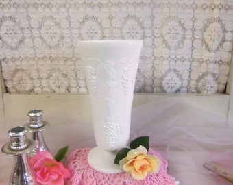 Vintage SLIGHTLY IMPERFECT White or Milk Glass Medium Vase Grapevine Pattern B770