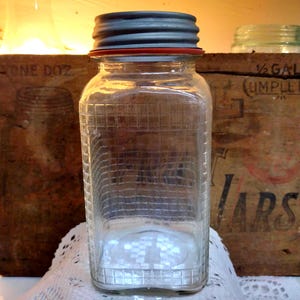 One Vintage IMPERFECT HAZY Clear Square Shaped Quart Sized Product or Coffee Jar with Rustic Regular or Standard Mouth Unmarked Zinc Lid