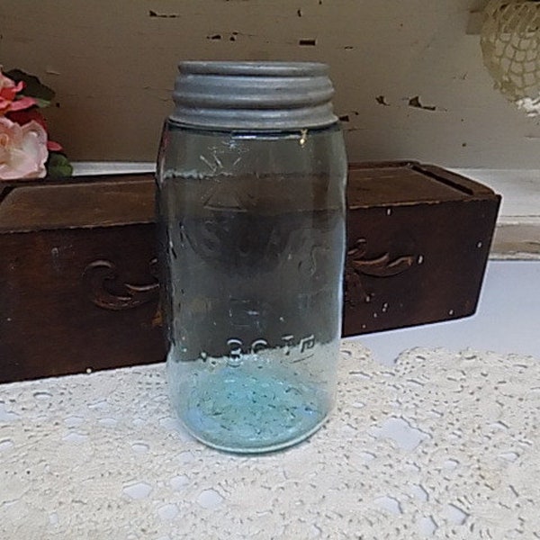 One IMPERFECT Antique Mason's Patent 1858 Hero's Cross Jar Aqua Colored Jar with Pretty Air Bubbles in the Glass Quart Sized Jar  B973