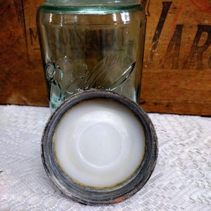 One Antique Aqua Blue 3 L Ball Mason Pint Sized Jar with Rustic Zinc Lid CHIP to LIP Imperfect Jar Please Read Description image 10