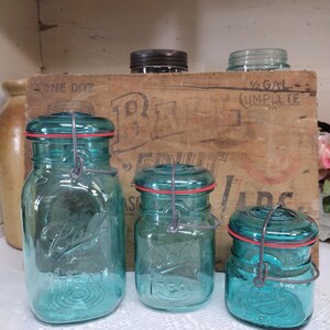 3 Vintage SLIGHTLY IMPERFECT Ball Ideal Bicentennial Aqua Blue Jars Pint, Quart, and Half Pint-Sized Small Chips to Lids 1970s Jars