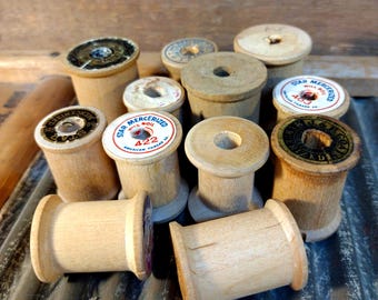 12 Vintage IMPERFECT Small and Medium Sized Wooden Thread Spools Various Sizes Rustic Primitive Labels are torn or missing