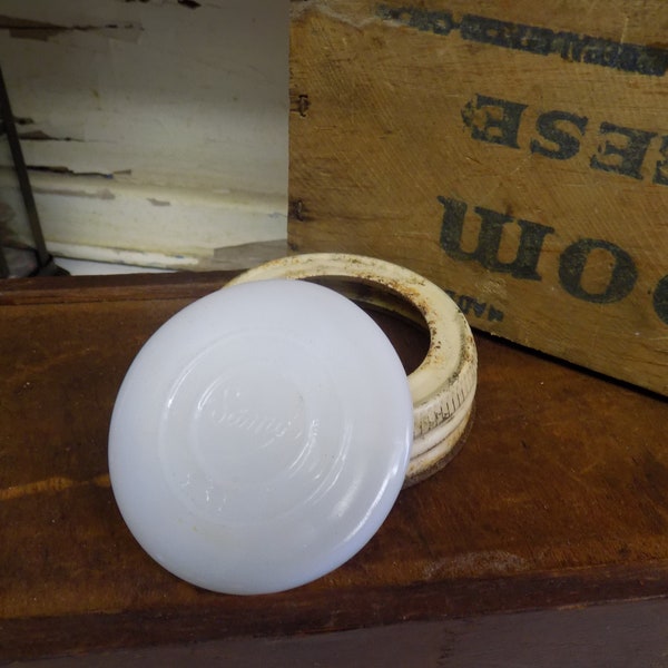 Vintage IMPERFECT RUSTIC Samco White Porcelain Insert with Original Metal Band Canning Jar Lid or Closure LINES in the Glass