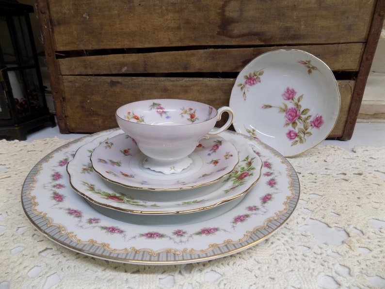 5 Piece Vintage Mismatched China Place Setting Vintage Tea Party Wedding China B1090