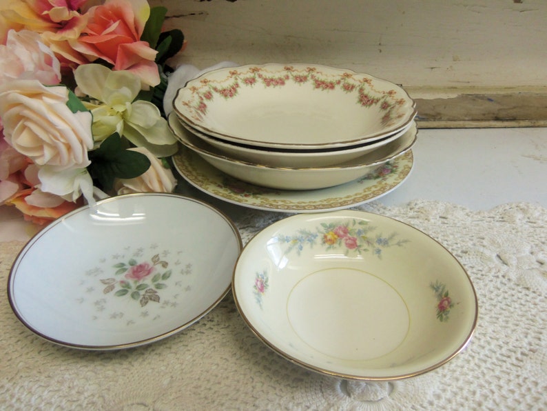 6 Piece Vintage China Shallow Bowl Set Mismatched Wedding China Pinks and Golds B1052 image 5