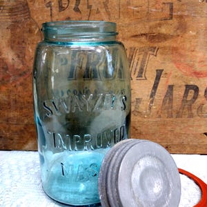 One Vintage IMPERFECT Quart Sized Aqua Swayzee&#39;s Improved Mason Jar Rustic Regular or Standard Mouth Unmarked Zinc Lid Shoulder Seal Jar
