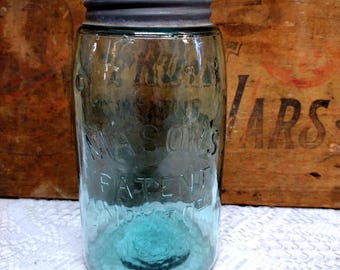 One Antique IMPERFECT Aqua Mason's Patent Nov 30th 1858 Quart Sized Jar Unmarked RUSTIC Zinc Lid Character to Glass PLEASE Read Description