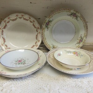 6 Piece Vintage China Shallow Bowl Set Mismatched Wedding China Pinks and Golds B1052 image 1