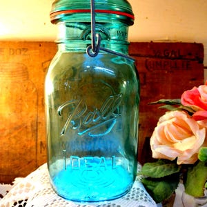 One Vintage IMPERFECT 1970s REPRODUCTION Aqua Blue Quart Sized Ball Ideal Bicentennial Jar with Wire Bail and Original Ball Brand Glass Lid