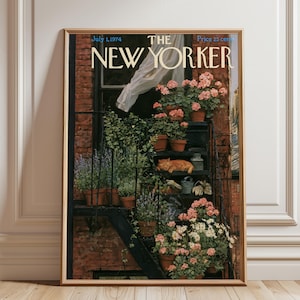 New Yorker Orange Cat Fire Escape Print, Floral NYC Art (Digital Download)