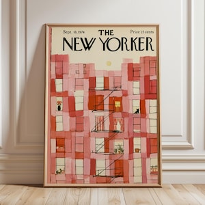Könnte beinhalten: Ein gerahmter Druck des The New Yorker Magazin-Covers vom 16. September 1974 mit einer stilisierten Illustration eines rosa-roten Wohnhauses mit schwarzer Feuertreppe, mehreren Fenstern und einer blassgelben Sonne auf cremefarbenem Grund.