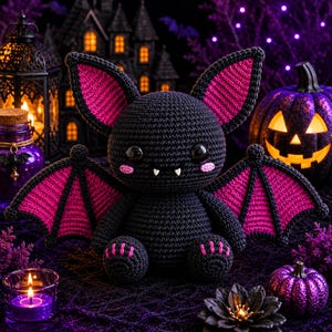 May include: A black crochet bat plush toy featuring large pointed ears with bright pink inner sections, matching pink wing membranes, two small white fangs, black safety eyes, and pink stitched details on the cheeks and feet.