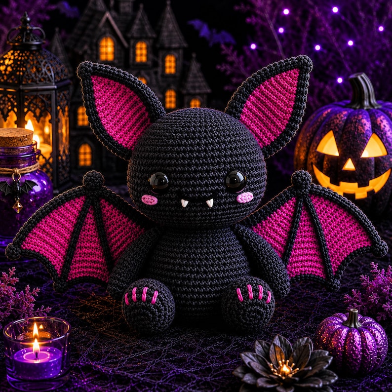 May include: A black crochet bat plush toy featuring large pointed ears with bright pink inner sections, matching pink wing membranes, two small white fangs, black safety eyes, and pink stitched details on the cheeks and feet.