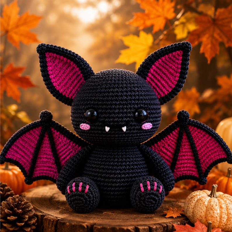 May include: A crocheted bat plush toy featuring a black body, large pointed ears with magenta inner sections, and matching magenta wings. The figure has two black glossy eyes, small pink cheek accents, and two white fangs protruding from the mouth.