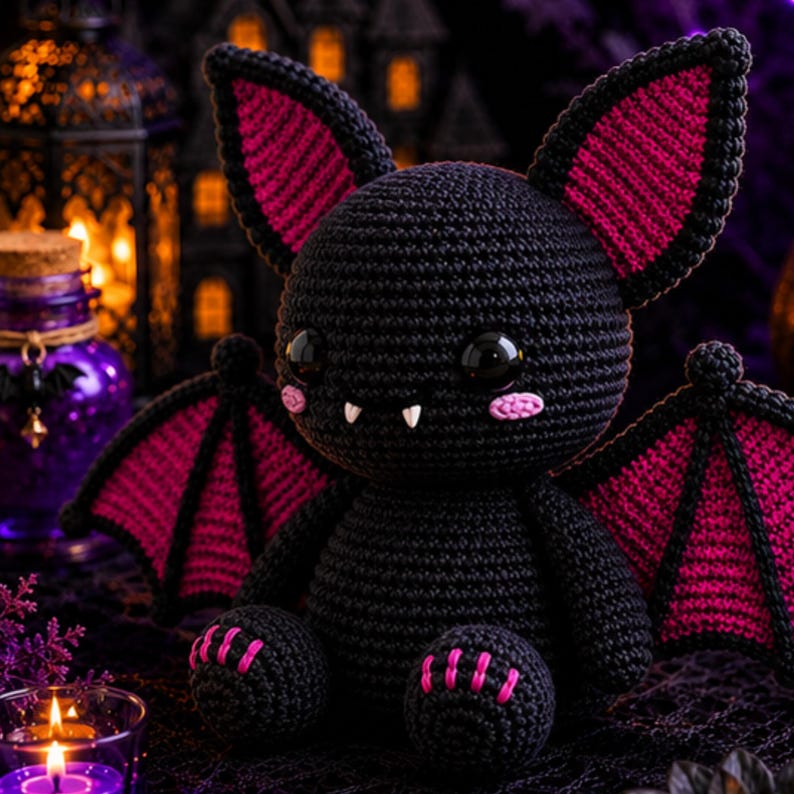 May include: A black and magenta crochet bat plush toy with large pointed ears, glossy black eyes, two small white fangs, and pink stitched cheek details. The bat has black wings with magenta inner sections and black feet with pink stitched claws.