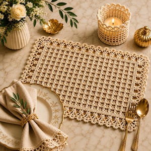 Pode incluir: Um lugar americano retangular de crochê na cor creme com padrão de grade e borda festonada. O conjunto inclui um anel de guardanapo correspondente, um guardanapo de linho bege com borda de crochê, uma colher dourada e um garfo dourado.