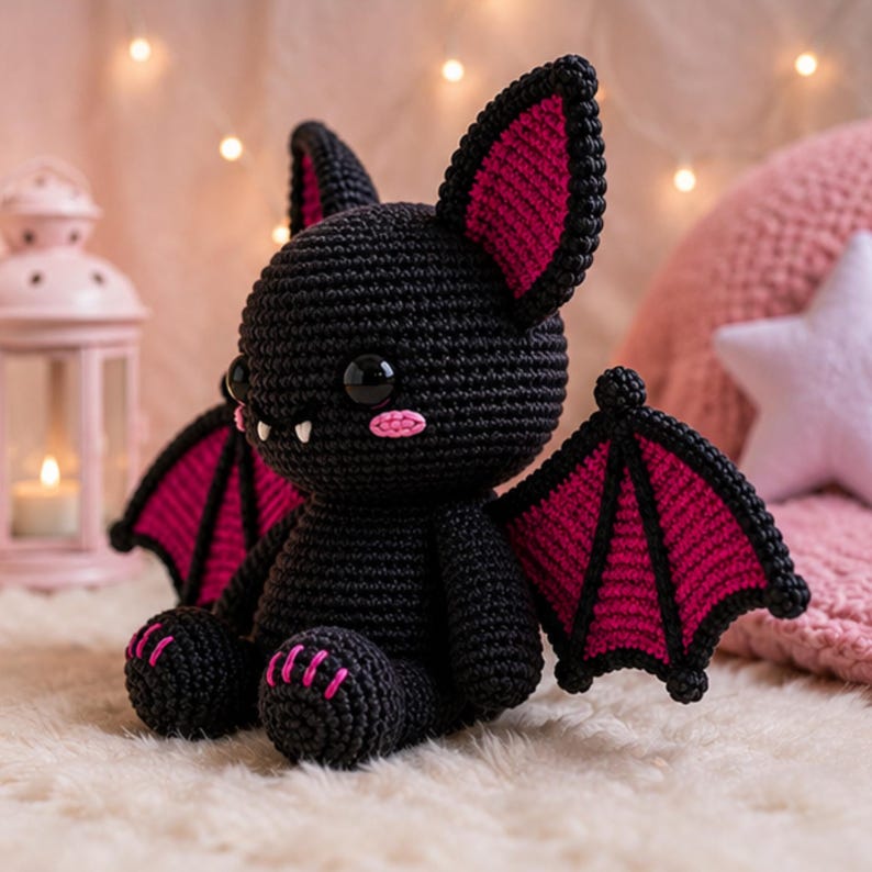 May include: A black crocheted bat plush toy with large black eyes, two white fangs, and pink blush marks on its cheeks. The bat features large pointed ears with pink inner sections and matching pink-accented wings and feet, all made of yarn.