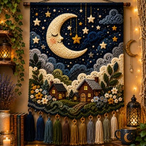 May include: A rectangular crochet wall hanging featuring a night scene with a large cream-colored crescent moon with a face, yellow stars, and dark blue clouds. Below, two brown houses sit among green hills, flowers, and foliage. The bottom edge has tassels.