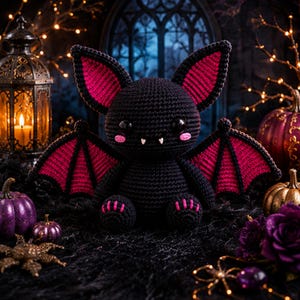 May include: A crocheted bat plush toy featuring a black body with vibrant magenta accents on the inner ears, wings, and feet. The figure has large black eyes, two small white fangs, and pink blush marks on its cheeks, crafted with detailed yarn stitches.
