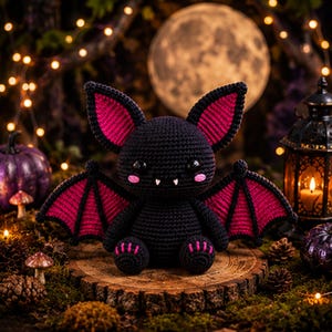 May include: A crocheted bat plush toy featuring a black body with vibrant magenta inner ears and wing membranes. The figure has large black eyes, two small white fangs, and pink blush marks on its cheeks, with matching magenta accents on its feet.
