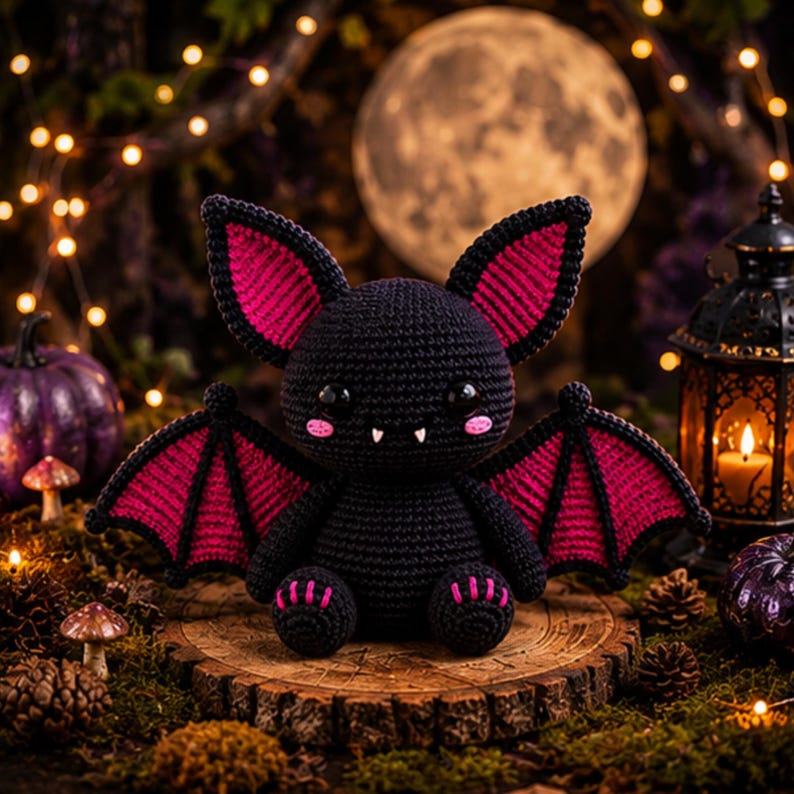 May include: A crocheted bat plush toy featuring a black body with vibrant magenta inner ears and wing membranes. The figure has large black eyes, two small white fangs, and pink blush marks on its cheeks, with matching magenta accents on its feet.