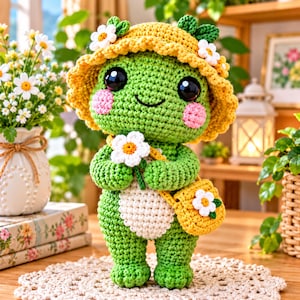 Puede incluir: Una muñeca de rana tejida a ganchillo en color verde con grandes ojos negros y mejillas rosadas, que lleva un sombrero de sol amarillo decorado con margaritas blancas. La rana sostiene una margarita blanca y lleva un bolso amarillo a juego.